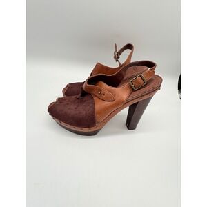 UGG Womens 10 Brown Saddle Leather Cow Hair Platform Peep Toe Slingback Heels